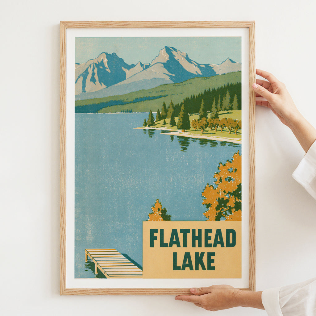 Flathead Lake Montana Retro Poster, Vintage Travel Print, Mountain Lake Wall Art, Cabin Decor
