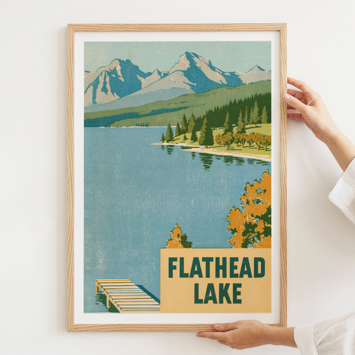 Flathead Lake Montana Retro Poster, Vintage Travel Print, Mountain Lake Wall Art, Cabin Decor