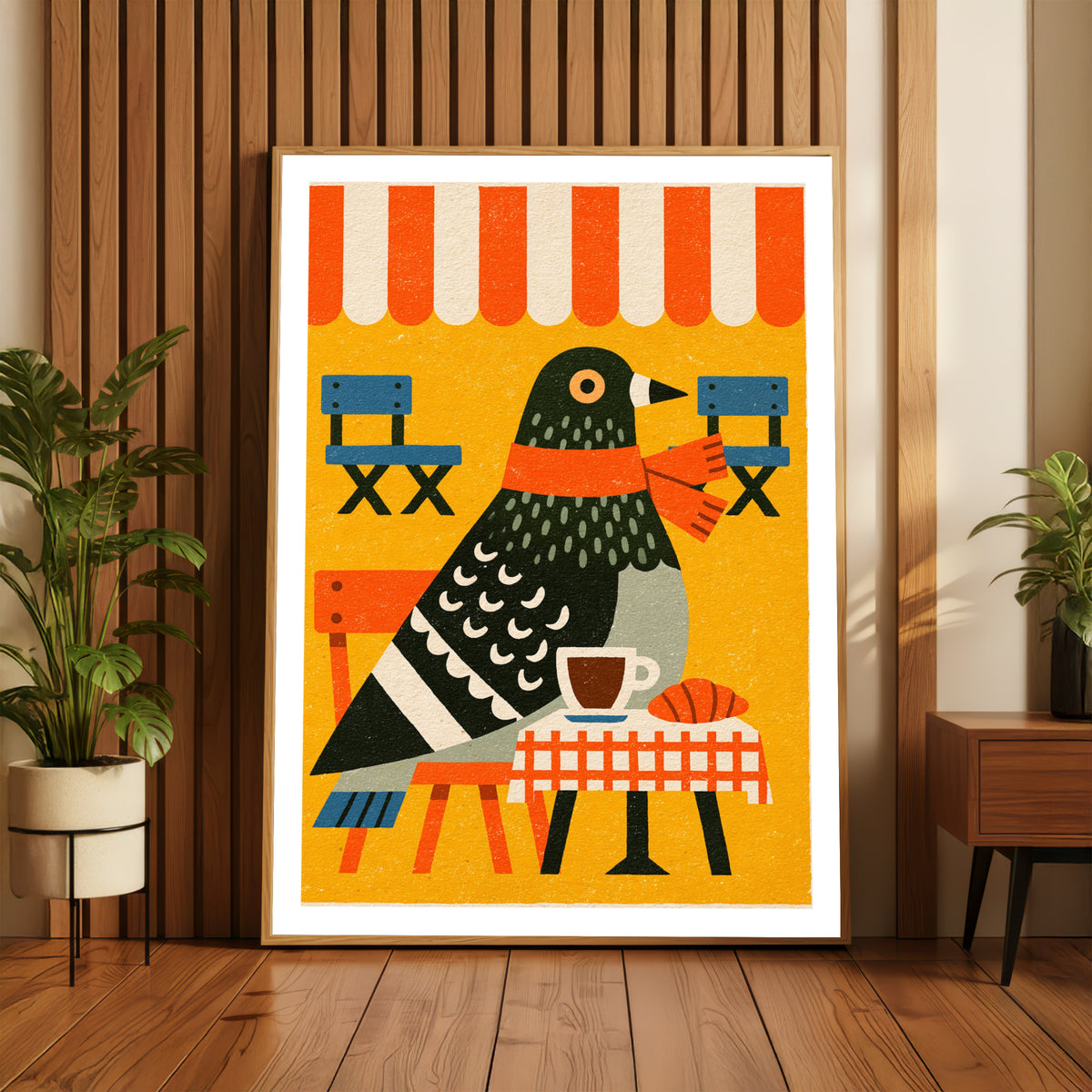 Vintage Pigeon Cafe Poster, Retro Bird Coffee Print, Funny Animal Wall Art, Bold Colourful