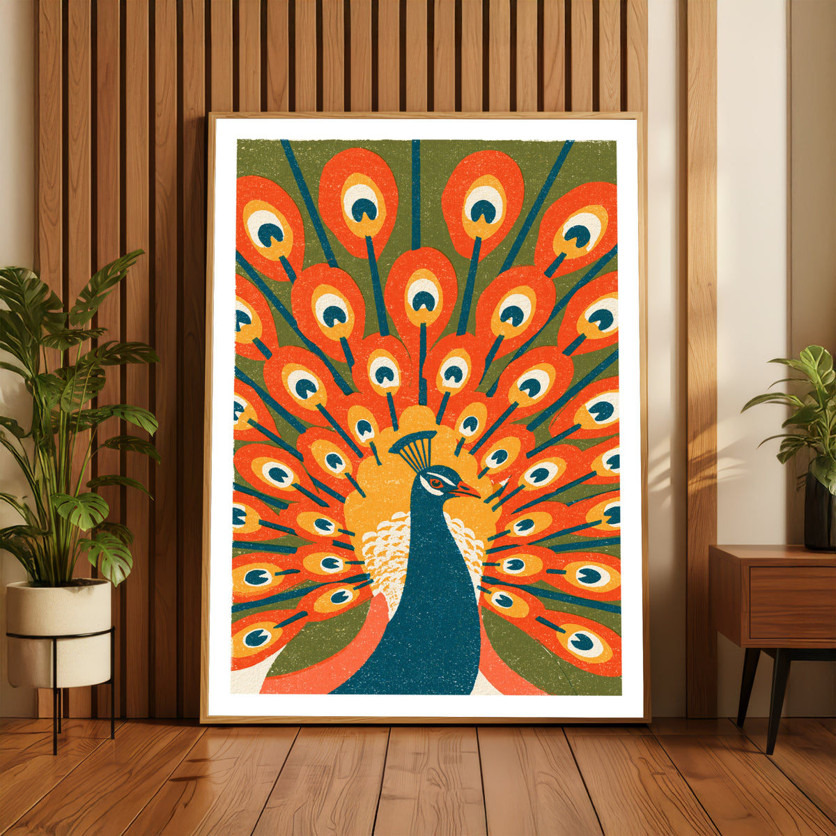 Retro Peacock Wall Art, Vintage Bird Poster, Mid Century Animal Print, Bold Orange Feather Decor