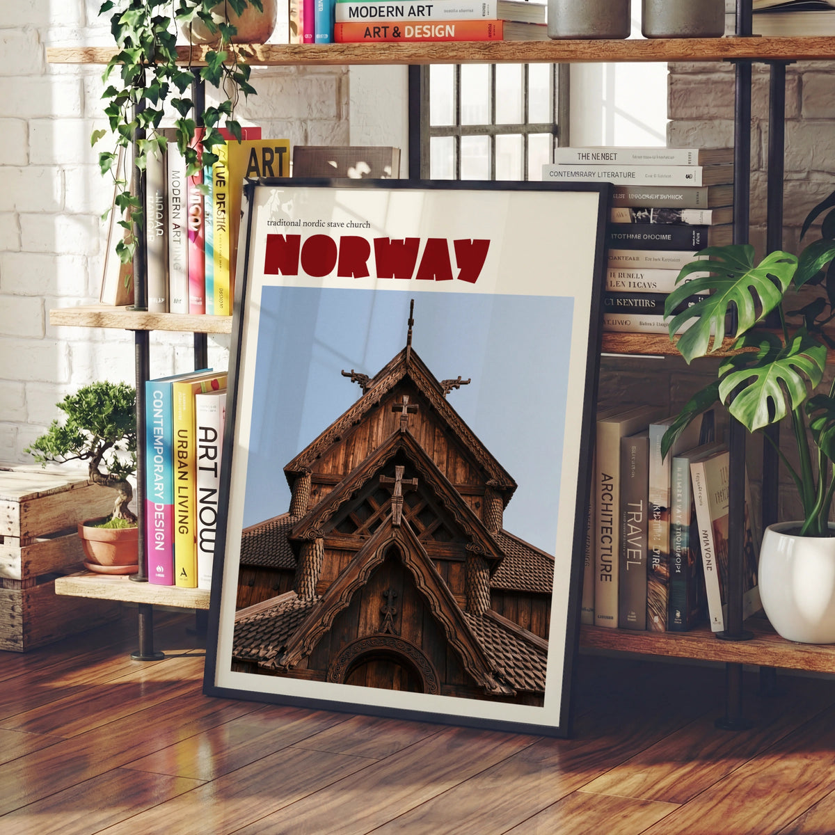 Norway Stave Church Poster, Vintage Travel Print, Nordic Wall Art, Retro Scandinavian Decor