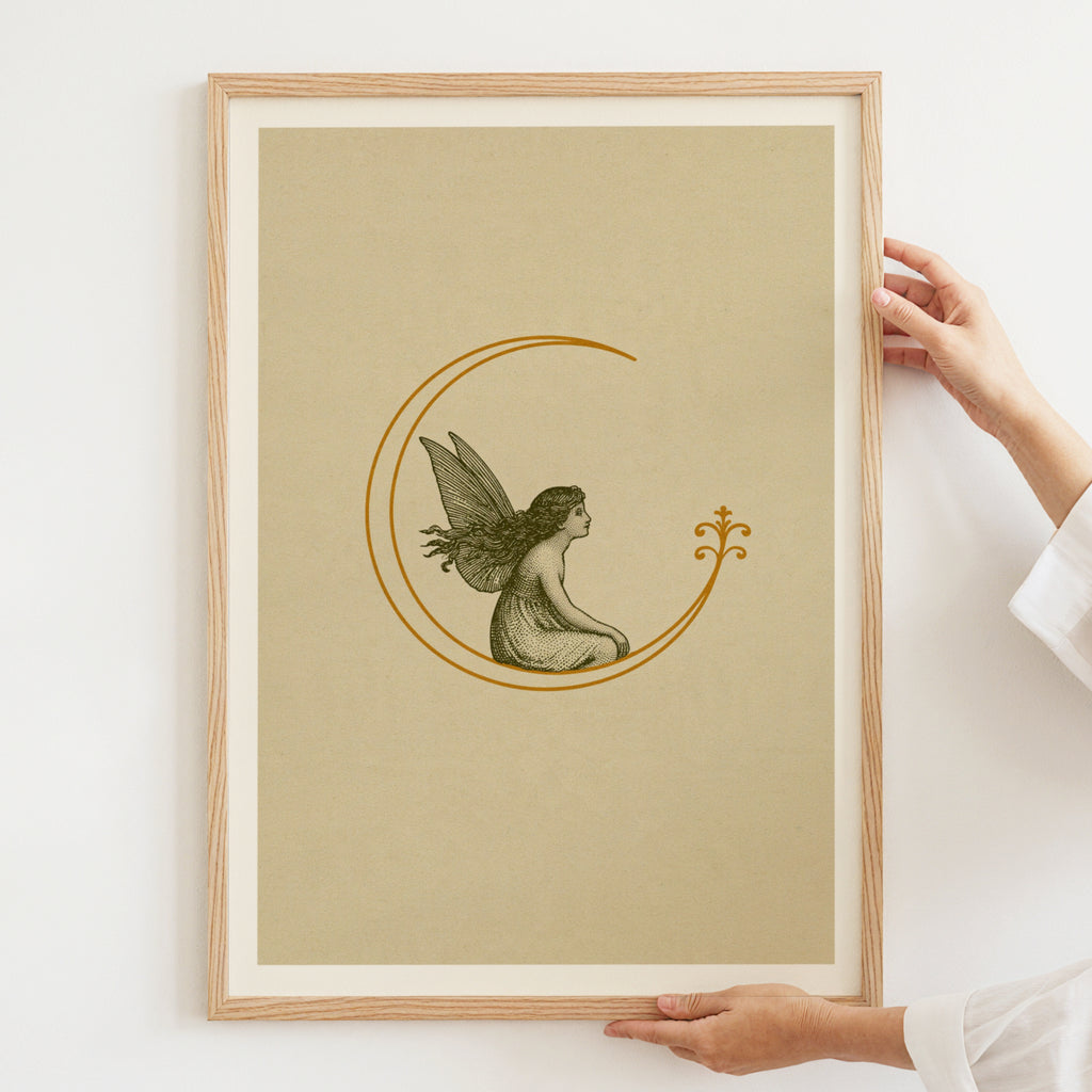 Vintage Fairy on Crescent Moon Art Print, Whimsical Fairycore Poster, Woodland Nature Wall Decor
