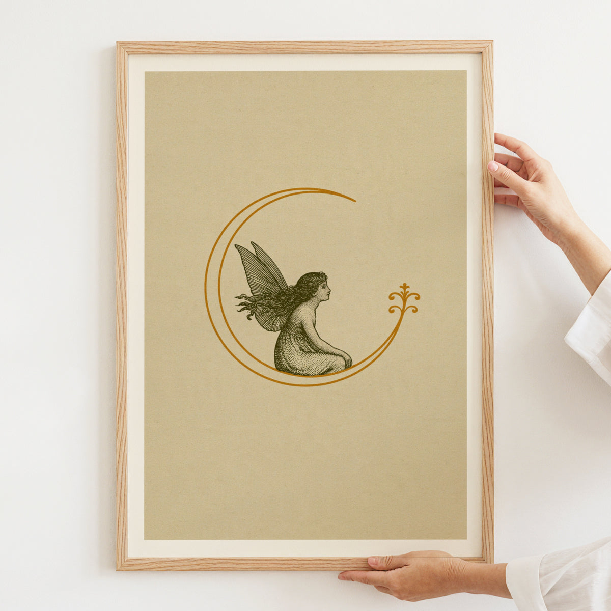 Vintage Fairy on Crescent Moon Art Print, Whimsical Fairycore Poster, Woodland Nature Wall Decor
