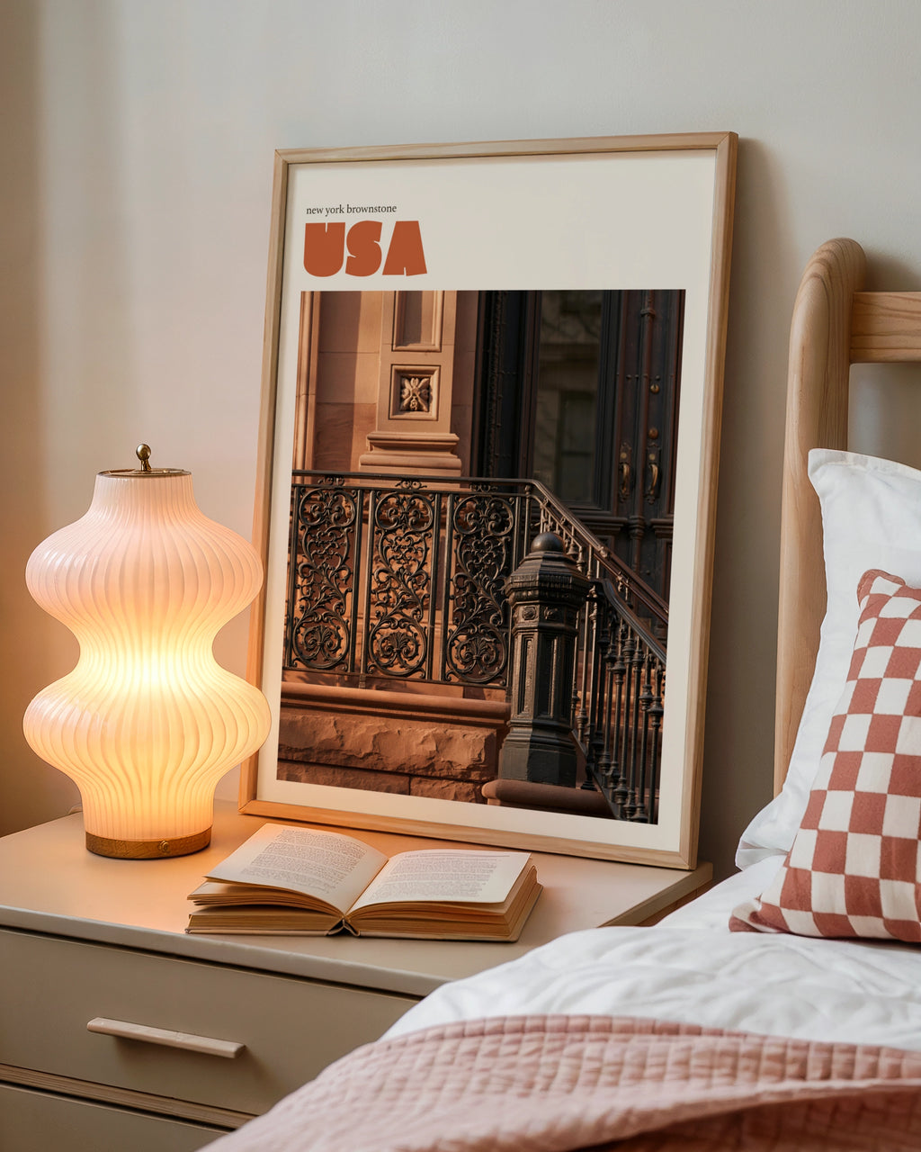 New York Brownstone Retro Travel Poster, NYC Architecture Wall Art Print USA