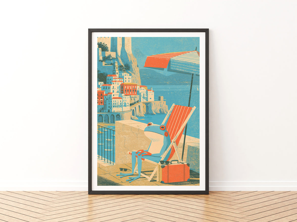 Contemporary Amalfi Coast Frog Print, Whimsical Italy Travel Art, Deckchair Seaside Wall Decor
