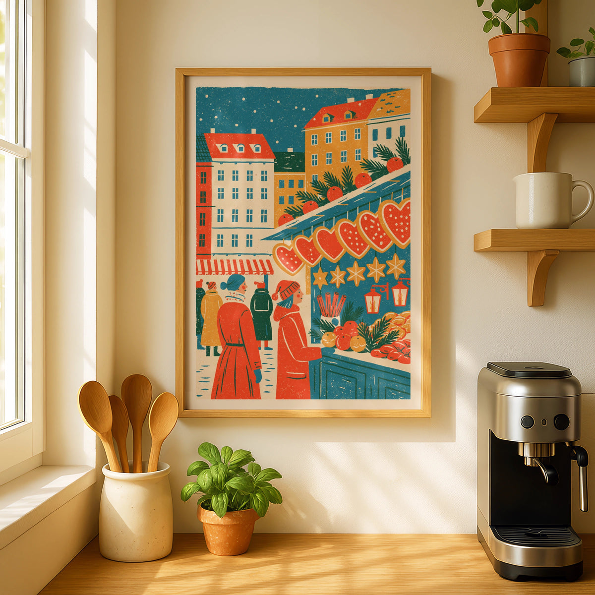 Vintage Food Poster Print, Christmas Market Stall, Rustic Kitchen Decor, Retro Mid Century Risograph
