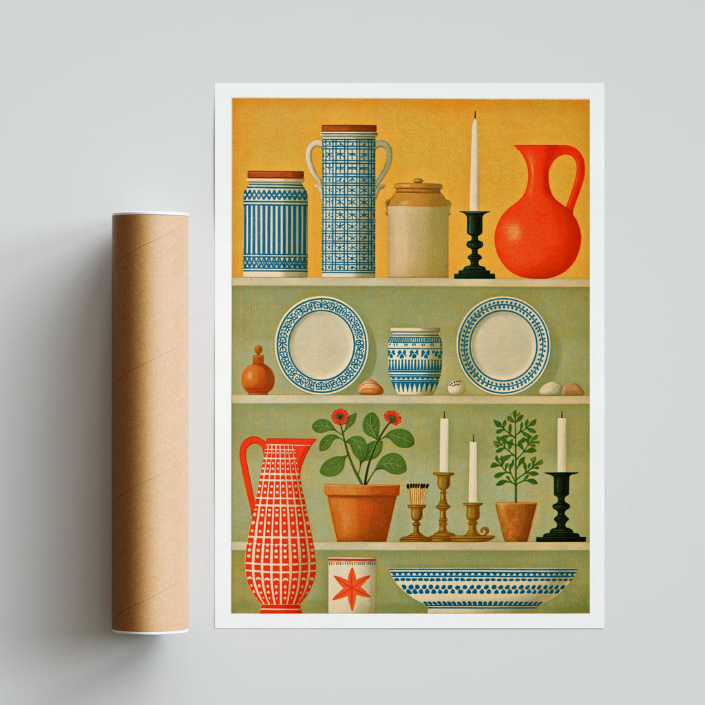 Vintage Dresser Shelf Still Life Print, Folk Pottery Wall Art, Classic Inspired Kitchen Poster