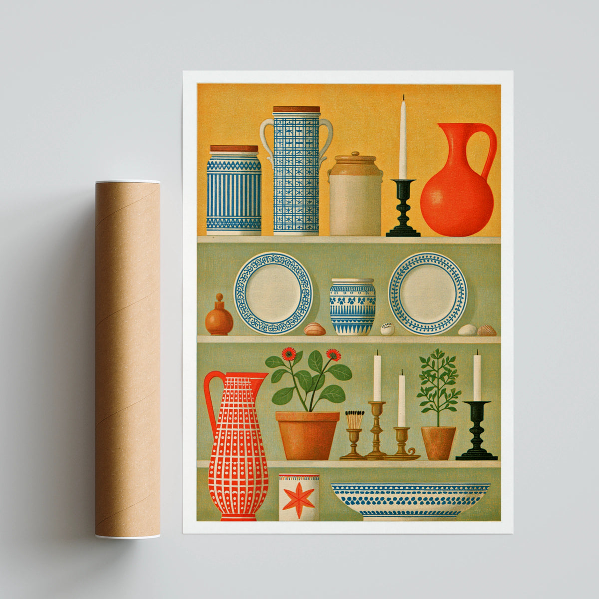 Vintage Dresser Shelf Still Life Print, Folk Pottery Wall Art, Classic Inspired Kitchen Poster