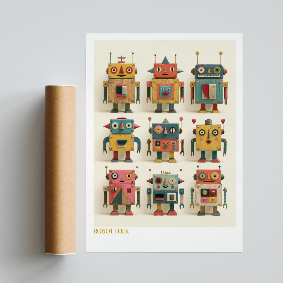 Robot Folk Art Print, Retro Children's Collectable Poster, Vintage Toy Robot Kids Wall Art