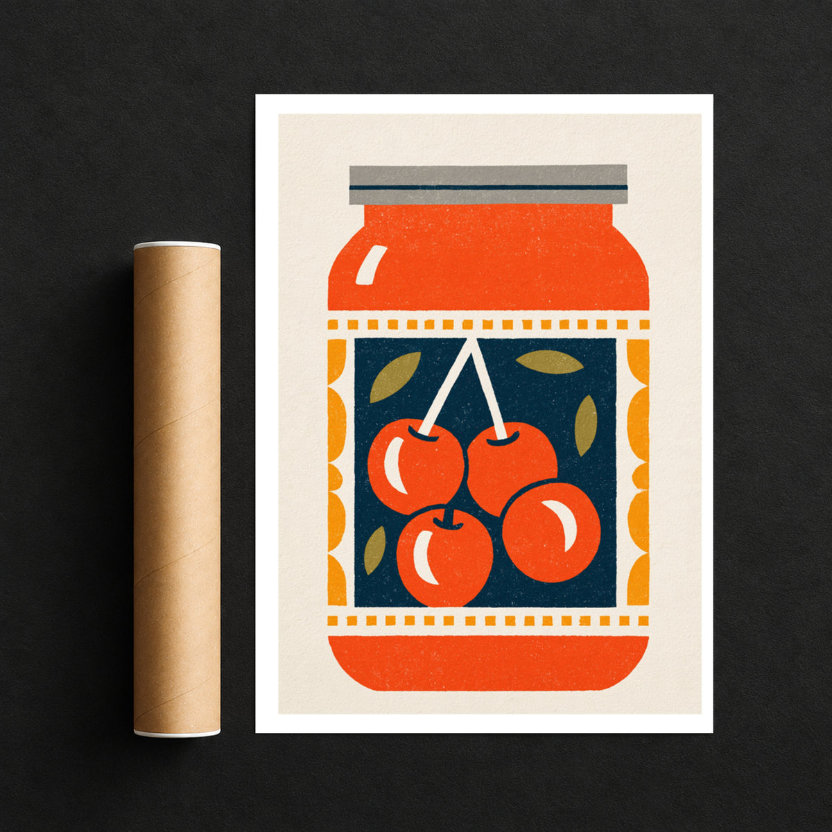 Vintage Food Poster Print, Cherry Jam Jar, Rustic Kitchen Decor, Retro Mid Century Risograph Art