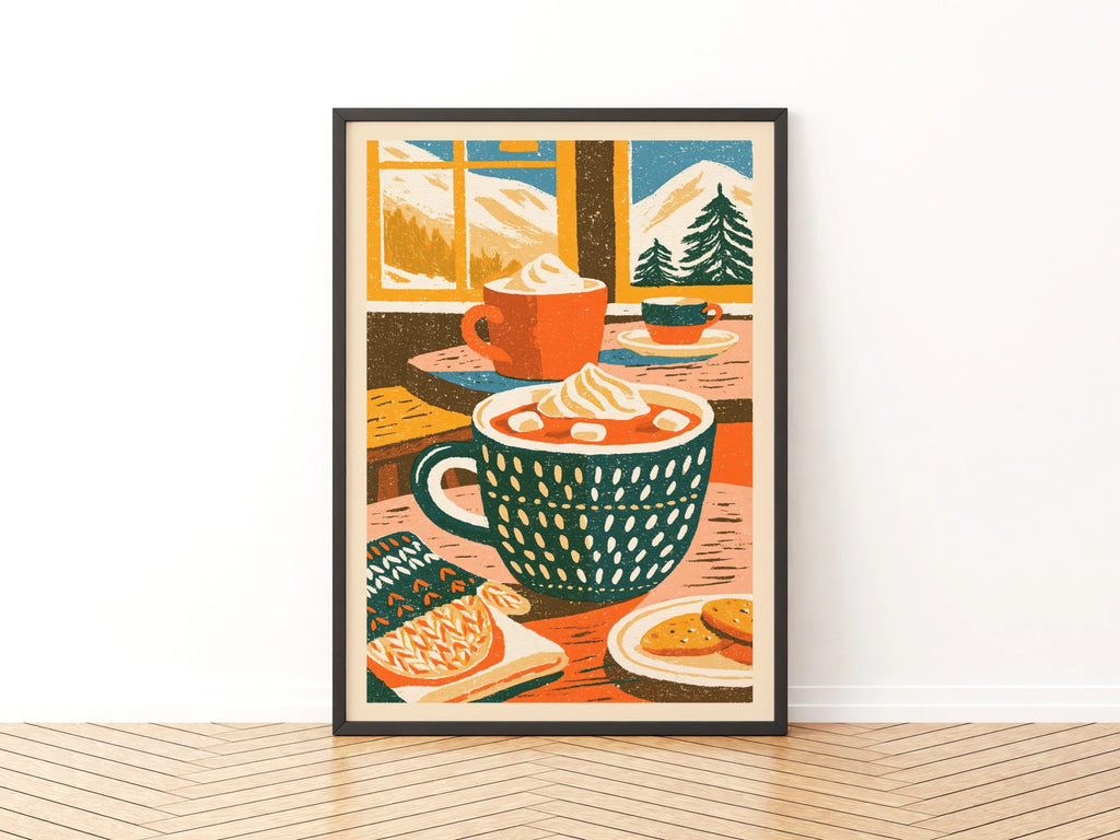 Vintage Food Poster Print, Hot Chocolate Mug, Rustic Kitchen Decor, Retro Mid Century Risograph Art