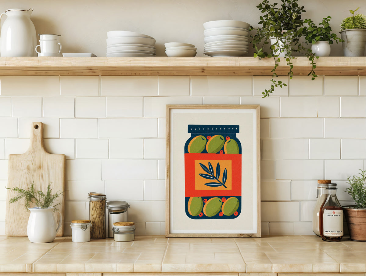 Olive Jar Print, Vintage Food Poster Print, Olive Jar Retro Mid Century Risograph, Rustic Kitchen Decor Wall Art