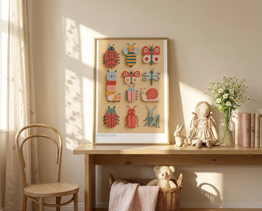 Garden Folk Bug Print, Retro Children's Insect Poster, Kids Wall Art Collectable