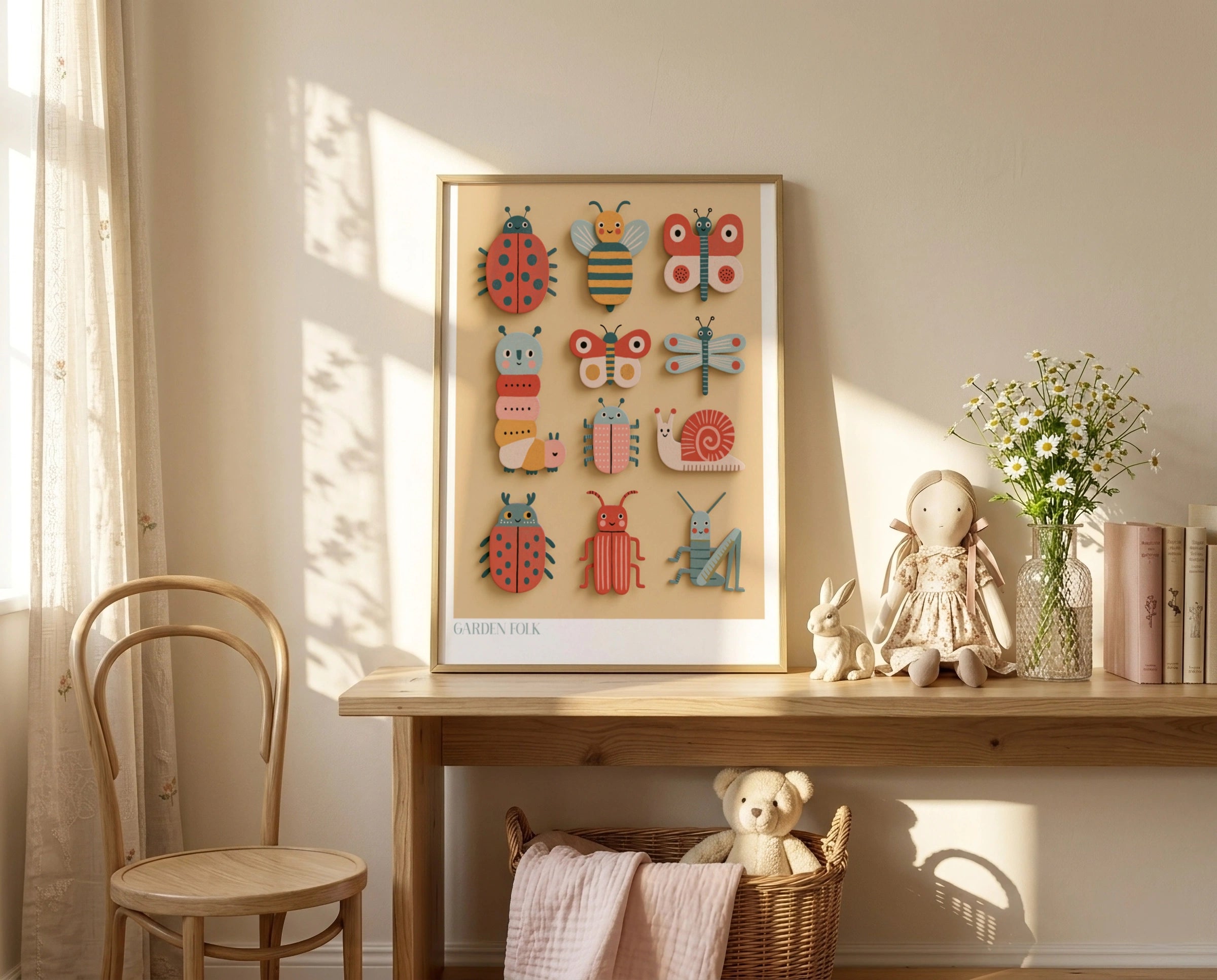 Garden Folk Bug Print, Retro Children's Insect Poster, Kids Wall Art Collectable