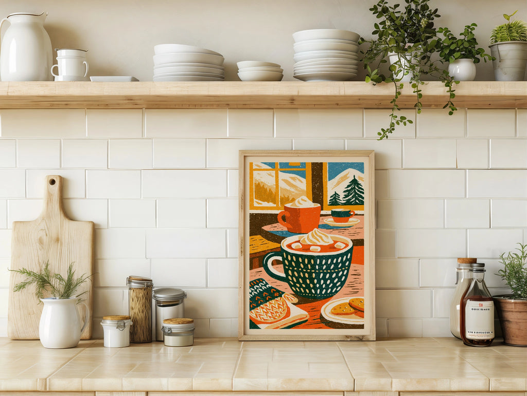 Vintage Food Poster Print, Hot Chocolate Mug, Rustic Kitchen Decor, Retro Mid Century Risograph Art