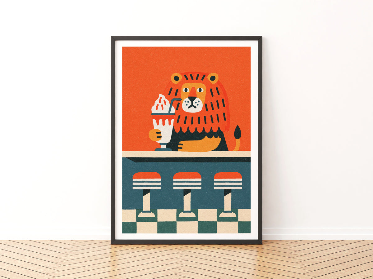 Retro Lion Diner Poster, Vintage Milkshake Wall Art, Funny Animal Print, Bold Colourful Decor