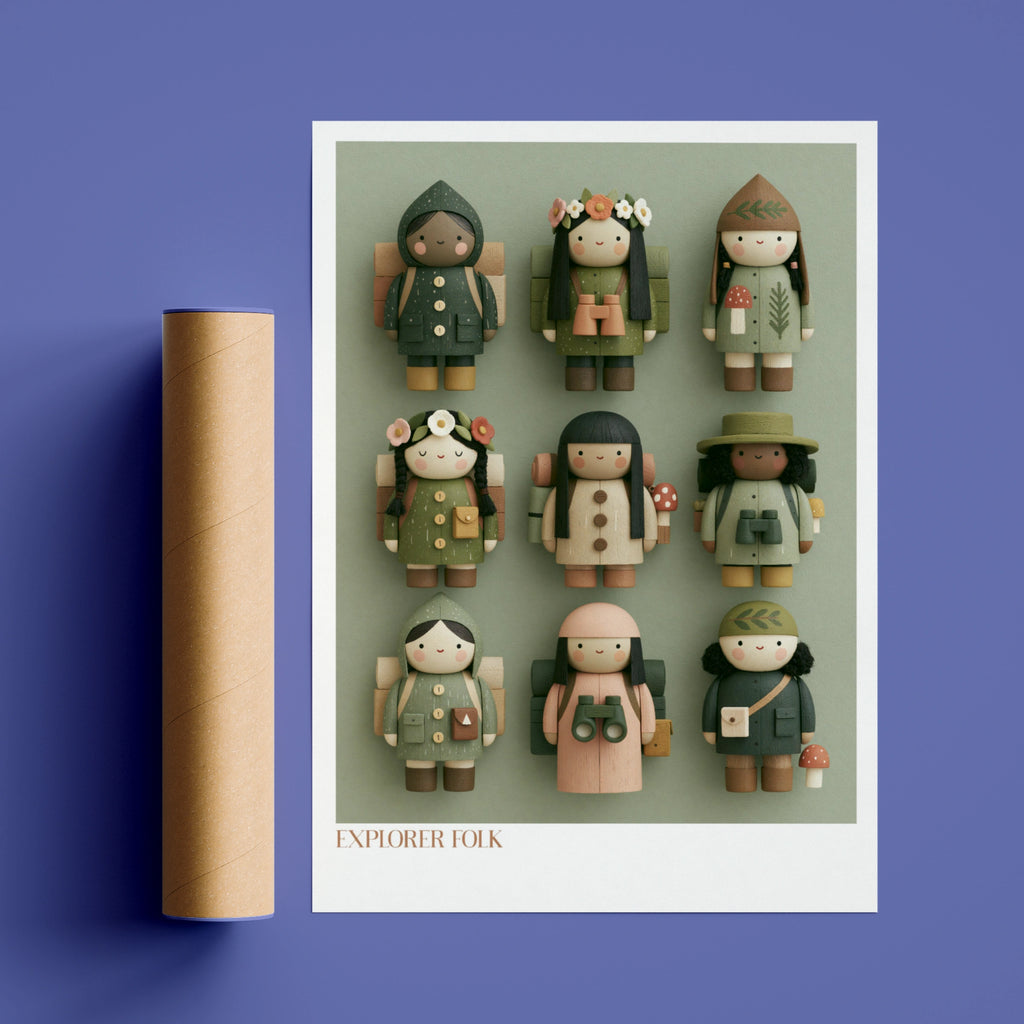 Explorer Folk Kids Poster, Retro Children's Print, Woodland Toy Art, Sage Green Nursery Wall Art
