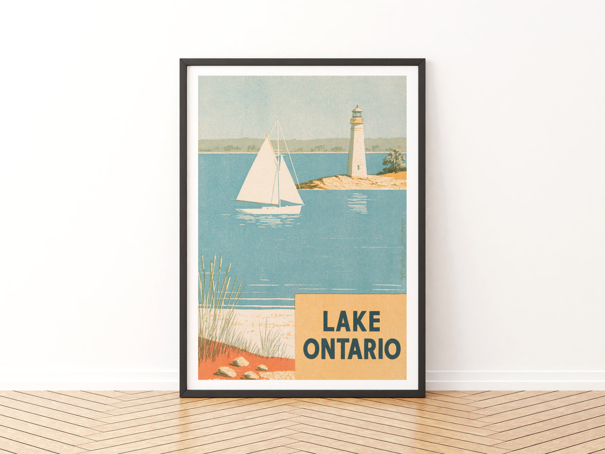 Lake Ontario Retro Travel Poster, Sailboat & Lighthouse Print, Canada Nautical Coastal Wall Art