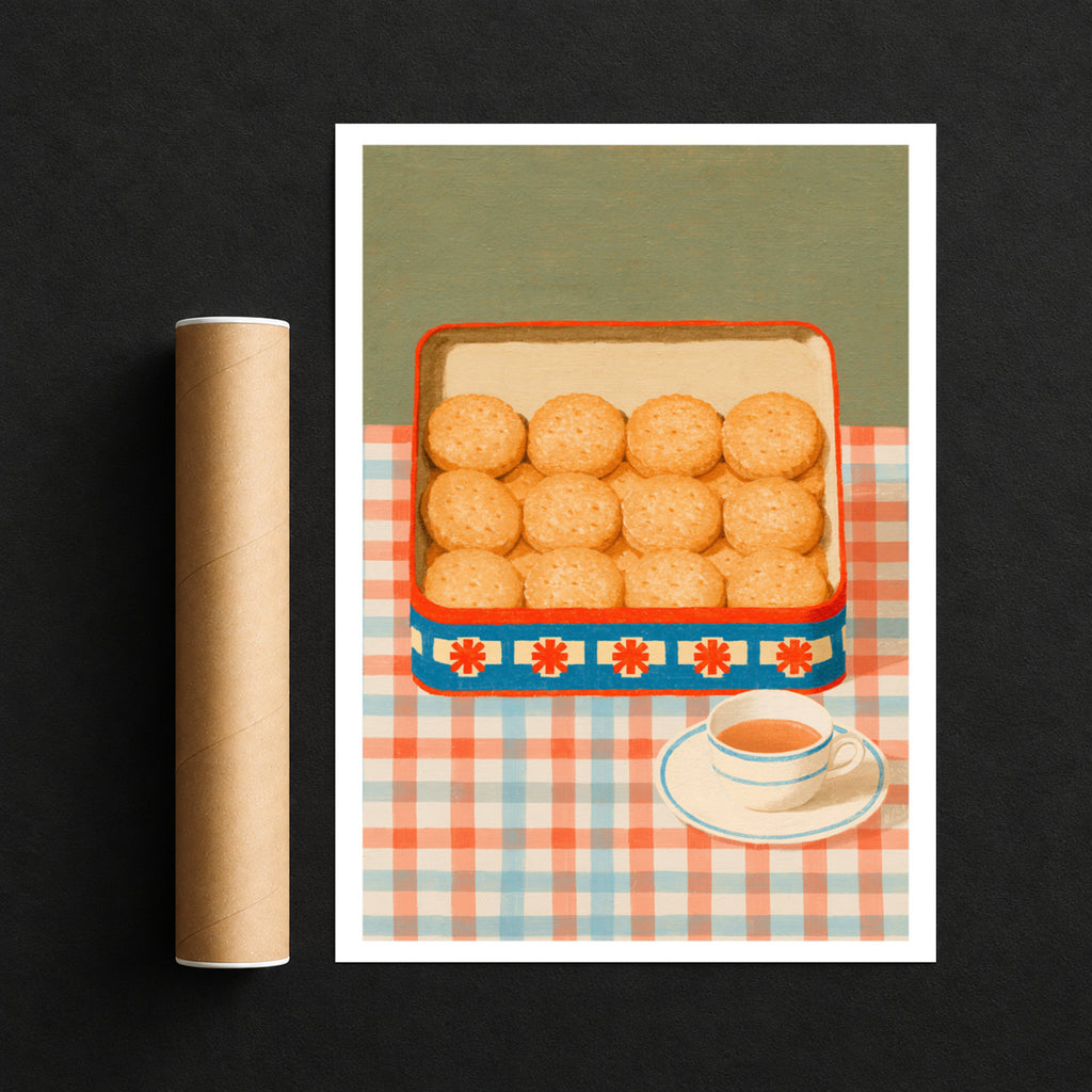 Vintage Food Poster Print, Biscuit Tin and Tea Cup, Rustic Kitchen Decor, Retro Mid Century