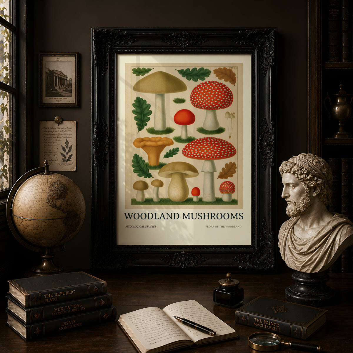 Woodland Mushrooms Botanical Print, Vintage Fungi Wall Art, Fly Agaric, Oak Leaves Nature Poster