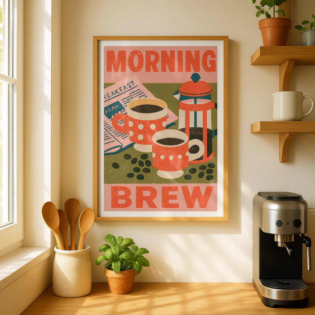 Morning Brew Coffee Vintage Food Poster Print | Rustic Kitchen Decor | Retro Mid Century Risograph
