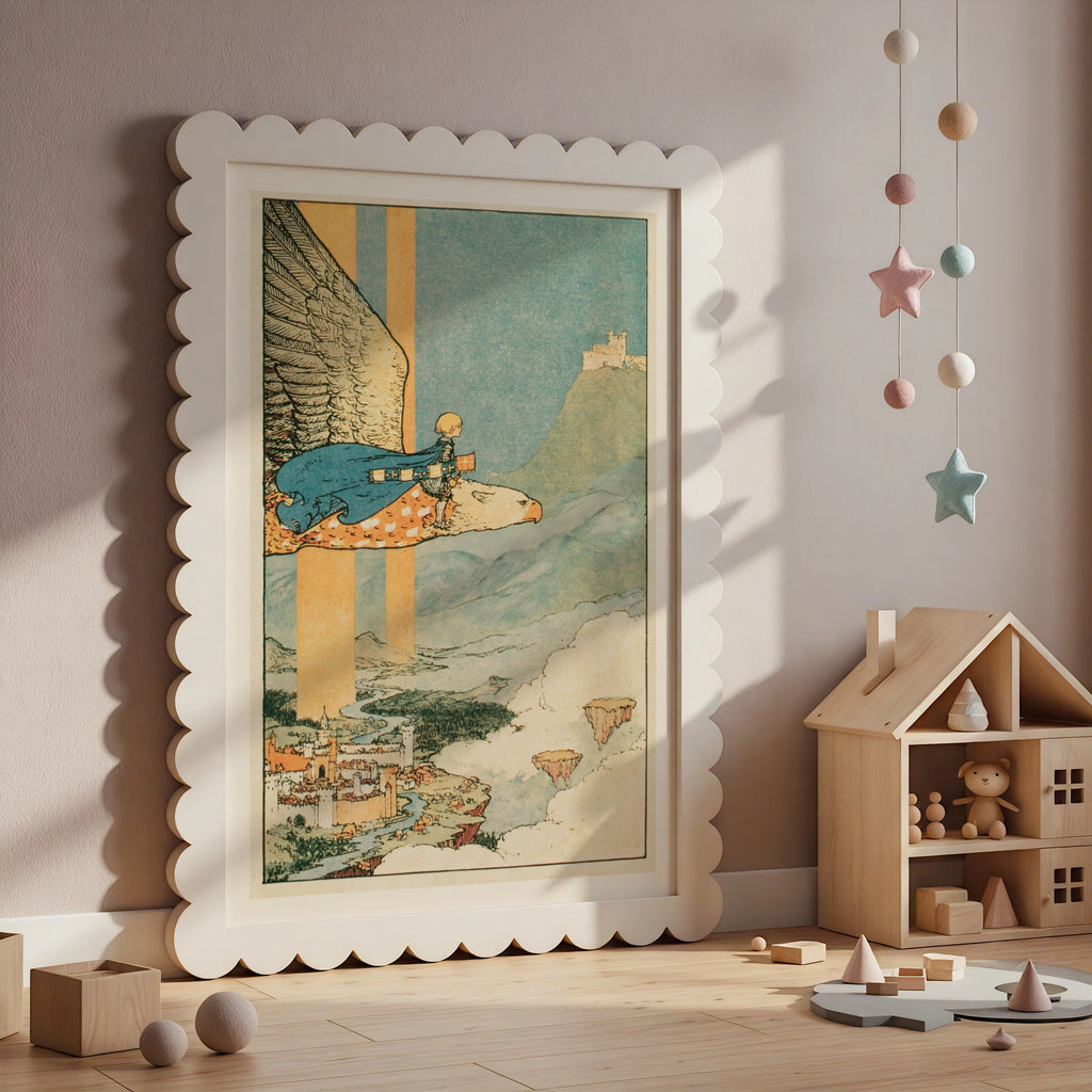 Boy Riding Giant Eagle Print, Retro Children's Fantasy Poster, Fairy Tale Kids Wall Art