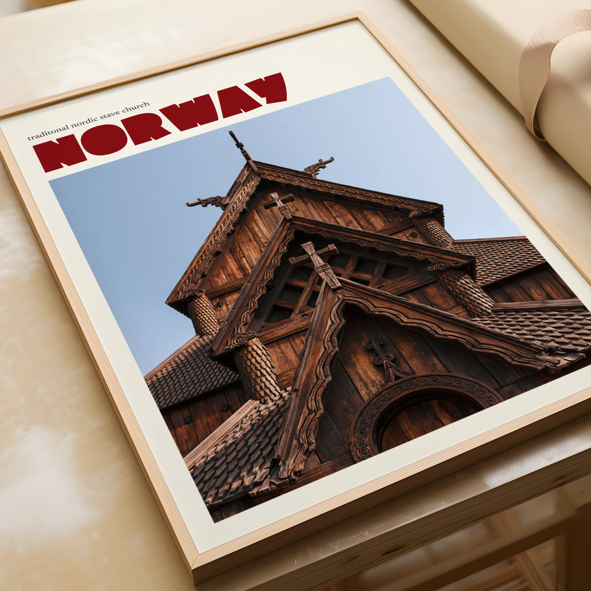 Norway Stave Church Poster, Vintage Travel Print, Nordic Wall Art, Retro Scandinavian Decor