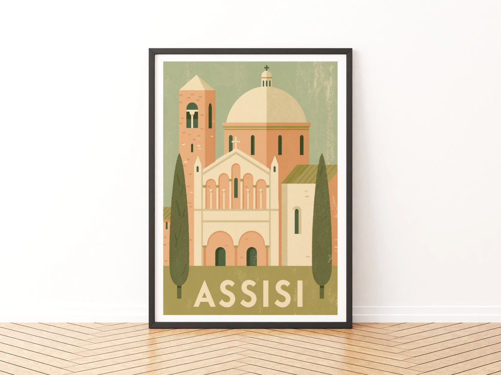 Assisi Italy Vintage Travel Poster, Retro Italian Church Print, Umbria Wall Art