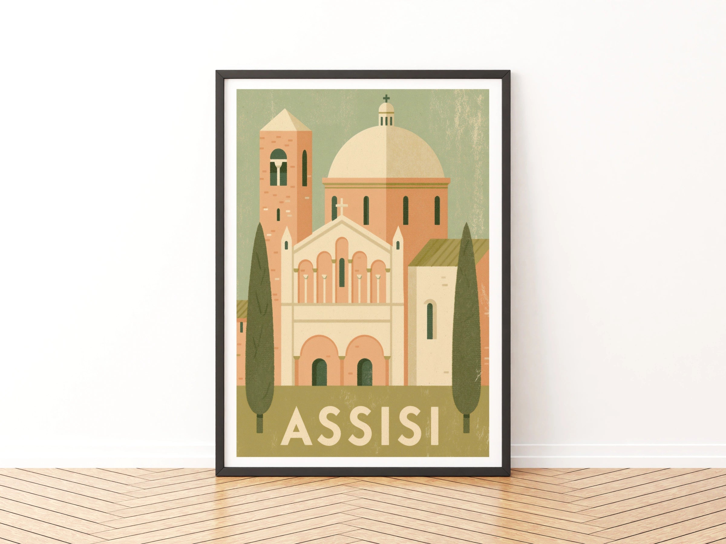 Assisi Italy Vintage Travel Poster, Retro Italian Church Print, Umbria Wall Art