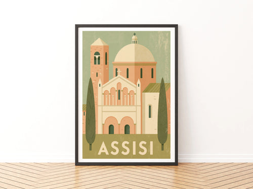 Assisi Italy Vintage Travel Poster, Retro Italian Church Print, Umbria Wall Art