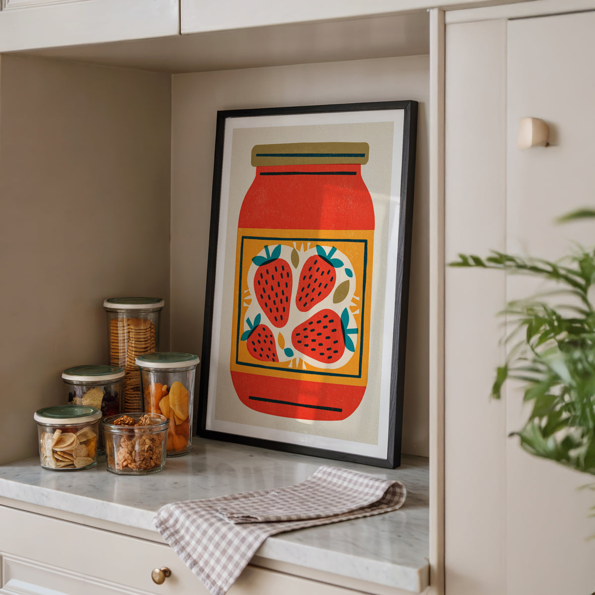 Vintage Food Poster Print, Strawberry Jam Jar, Rustic Kitchen Decor, Retro Mid Century Risograph Art