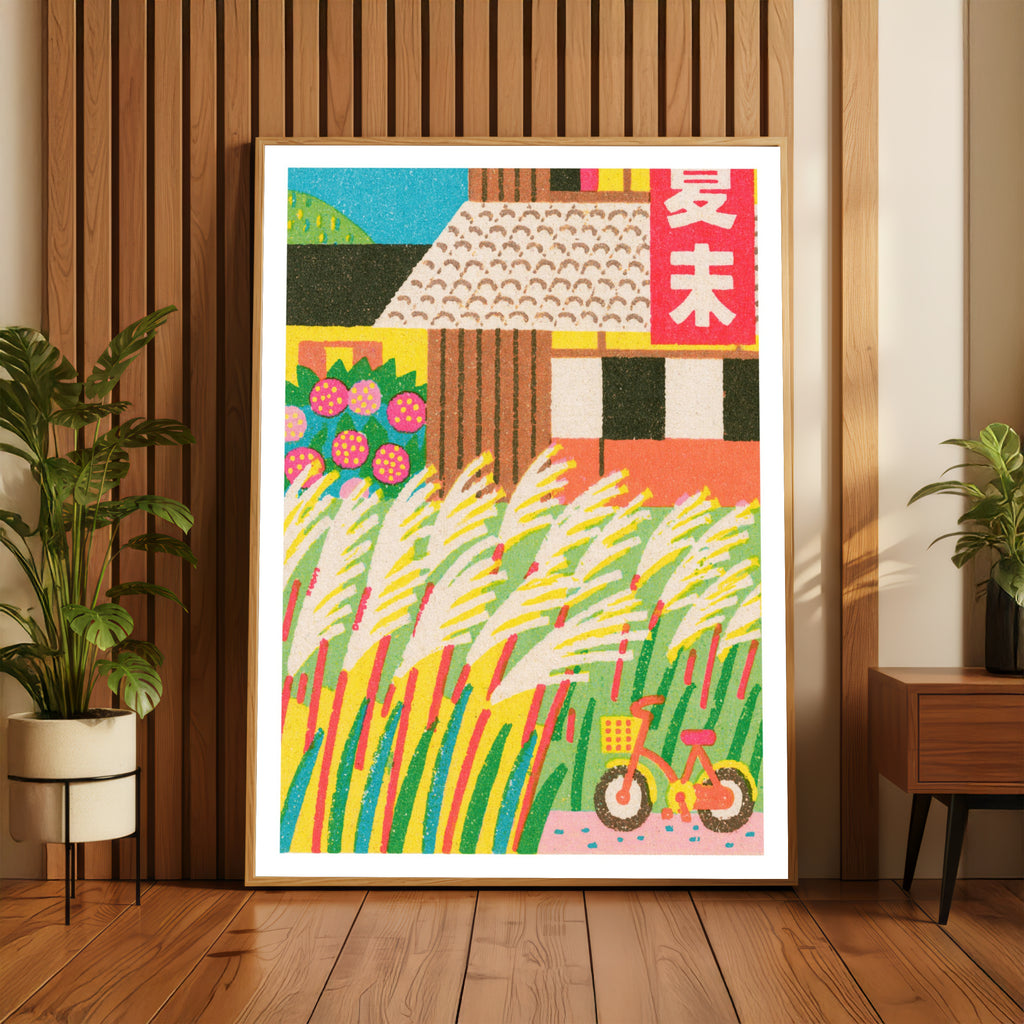 Retro Japanese Matchbox Art Print, Pampas Grass Poster, Vintage Style Bicycle Illustration Wall Art