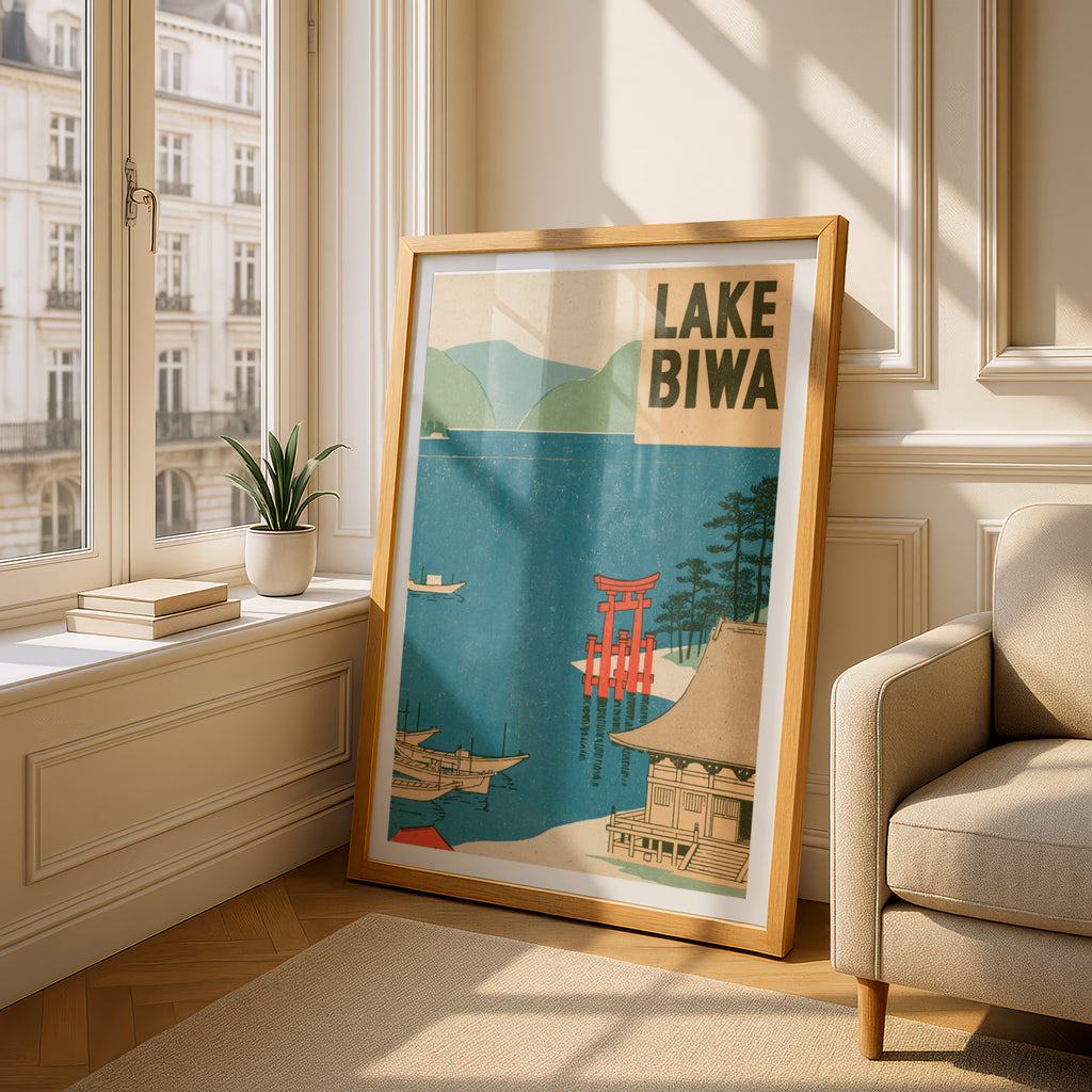 Lake Biwa Japan Retro Travel Poster, Vintage Travel Torii Gate Woodblock Style, Japanese Wall Art