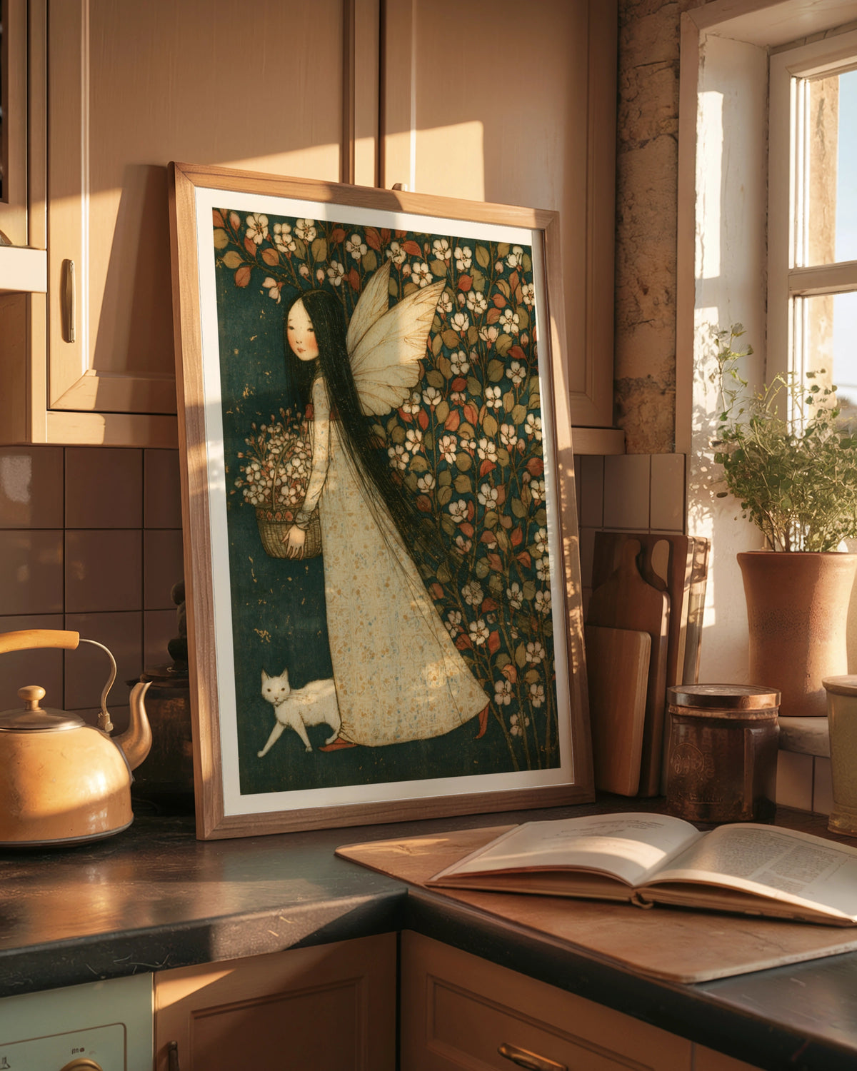 Fairy Girl Blossom Classic Art Print, White Cat Floral Folk Poster, Vintage Style