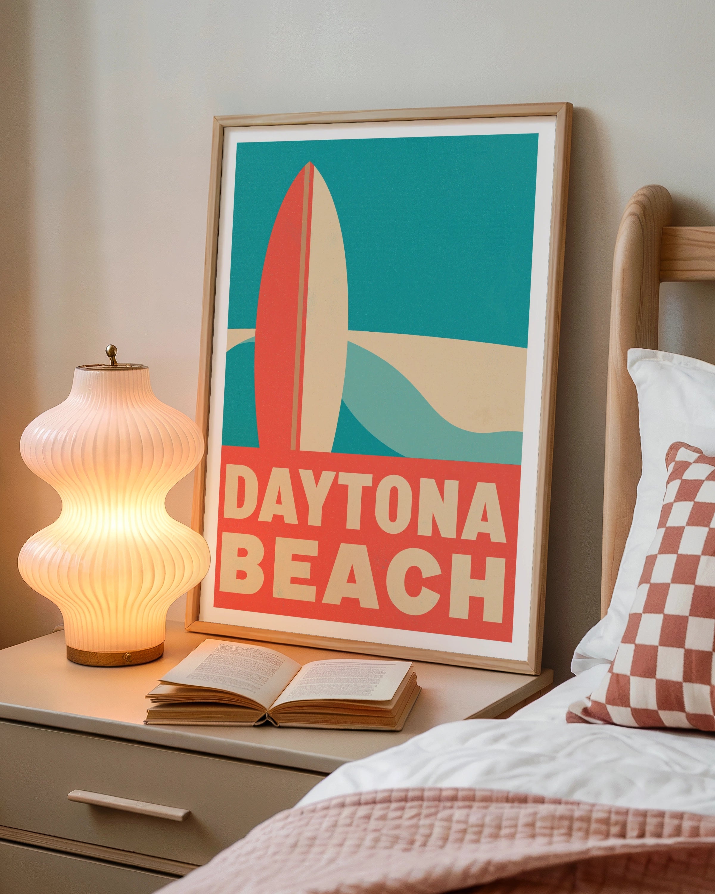 Daytona Beach Retro Surf Poster, Florida Vintage Travel Print, Surfboard Wall Art