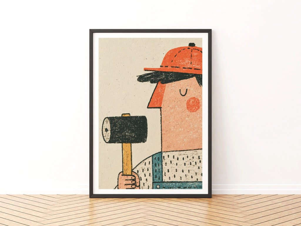 Retro Builder Poster, Vintage Worker Wall Art Print, Quirky Tradesman Illustration, Fun Workshop