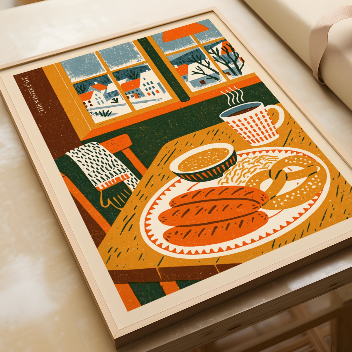 Vintage Food Poster Print, Winter Cafe, Rustic Kitchen Decor, Retro Mid Century Risograph Art