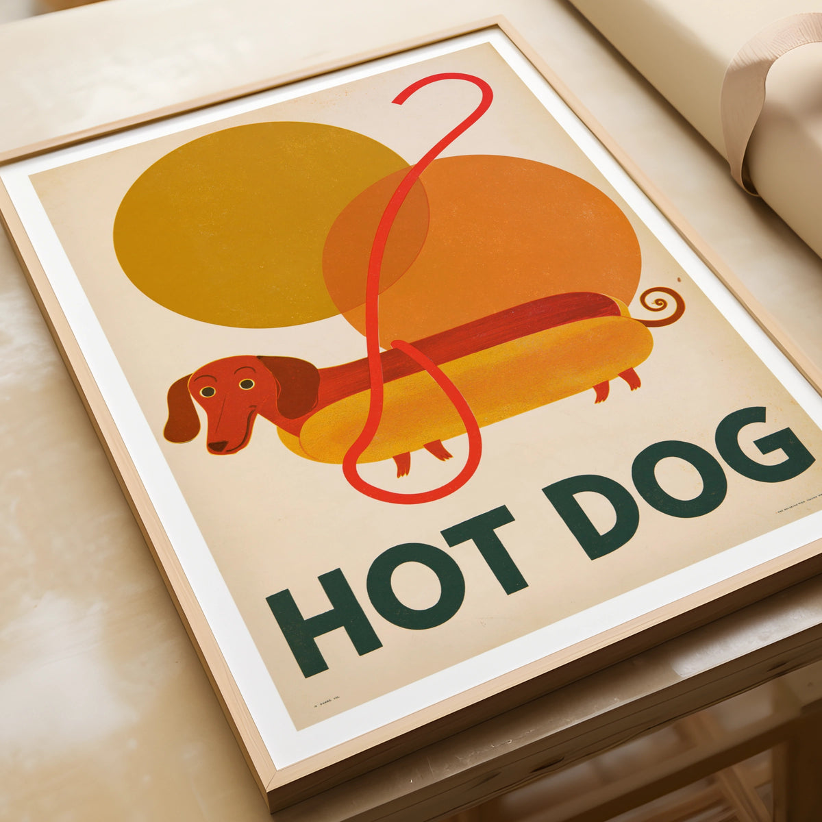 Hot Dog Dachshund Retro Print, Vintage Style Sausage Dog Wall Art, Mid Century