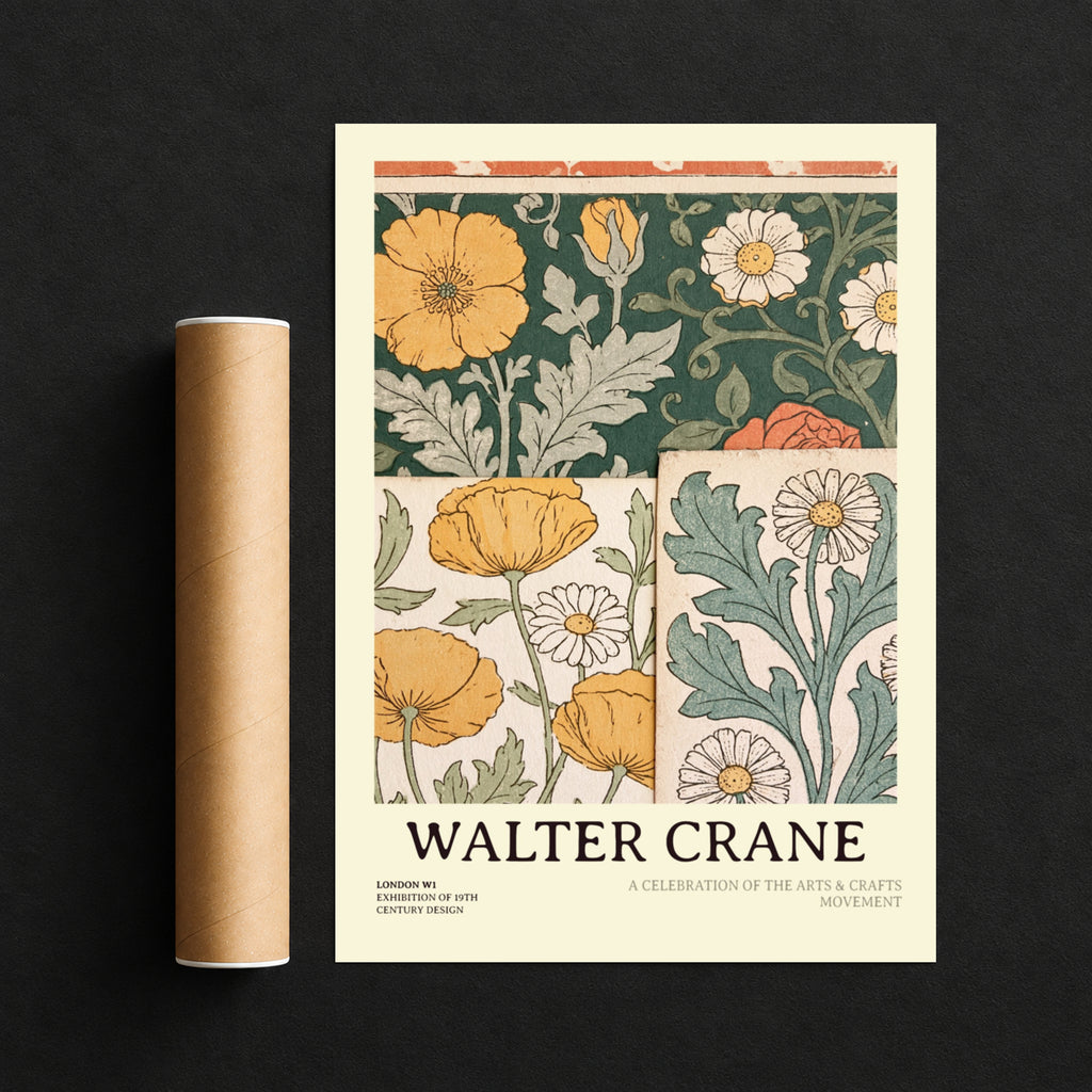 Walter Crane Poster, Arts and Crafts Floral Wall Art, Poppies and Daisies Print, Botanical