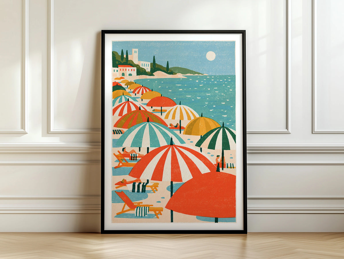 Retro Mediterranean Beach Poster, Colourful Striped Umbrellas, Vintage Summer Travel Print Wall Art