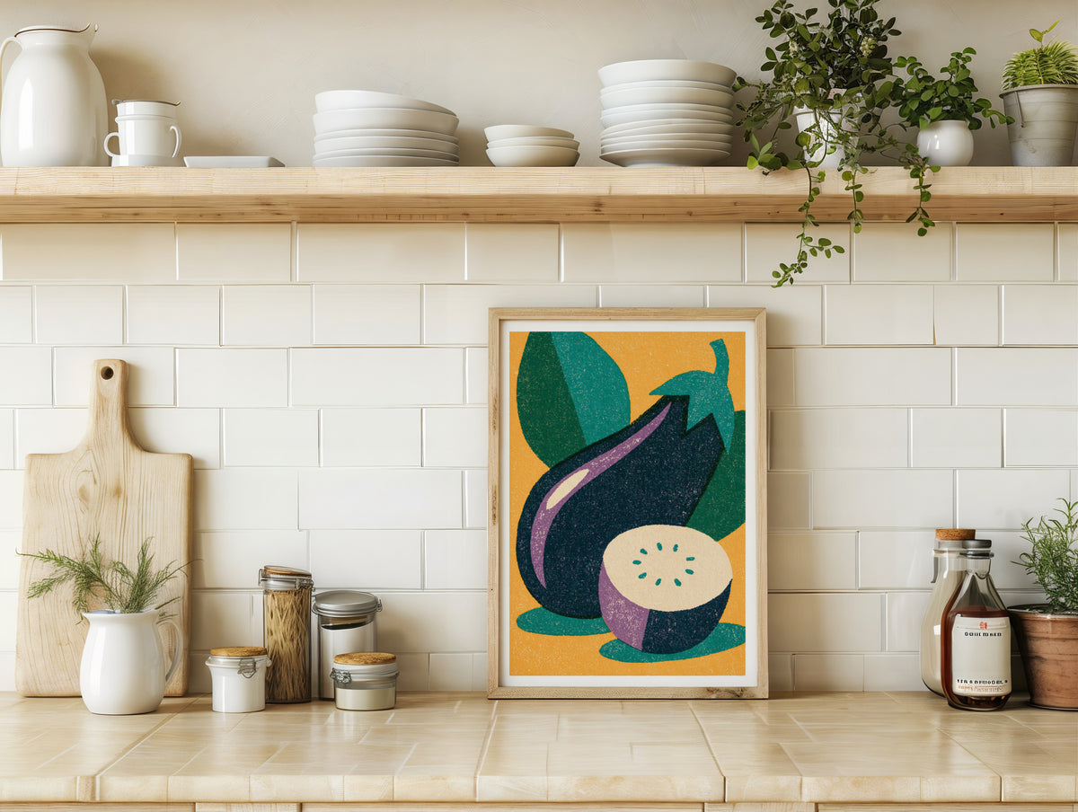 Vintage Food Poster Print | Rustic Kitchen Decor, Aubergine Art, Eggplant Wall Art, Retro Vegetable