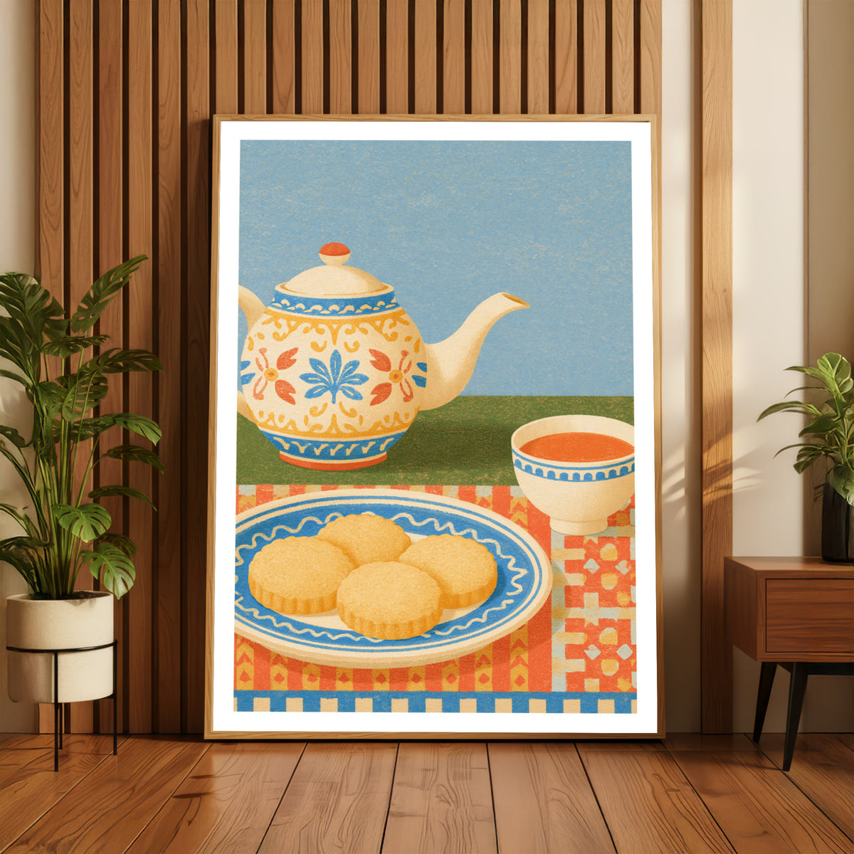 Vintage Food Poster Print, Teapot Biscuits Art, Rustic Kitchen Decor, Retro Mid Century Risograph