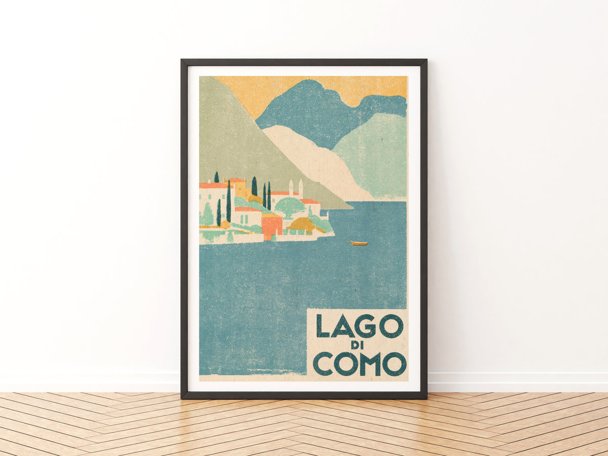 Lago di Como Retro Travel Poster, Vintage Travel Italy Lake Print, Italian Lakeside Village Wall Art