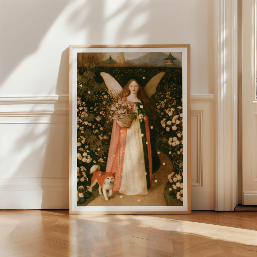 Fairy Girl with Shiba Inu Art Print, Cherry Blossom Angel Poster, Classic Inspired Floral Wall Art