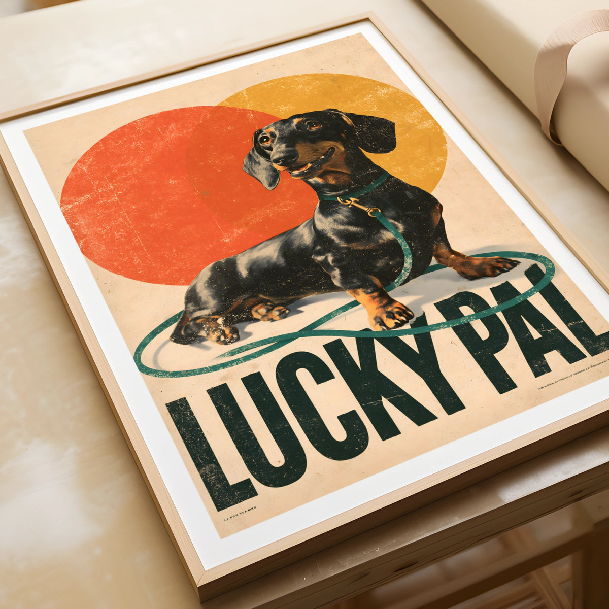 Retro Dachshund Poster, Lucky Pal Sausage Dog Print, Vintage Folk Wall Art