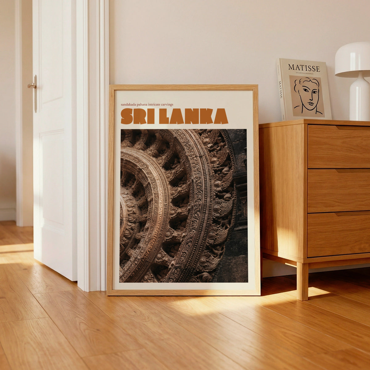 Sri Lanka Retro Travel Poster, Sandakada Pahana Stone Carving, Temple Wall Art Print