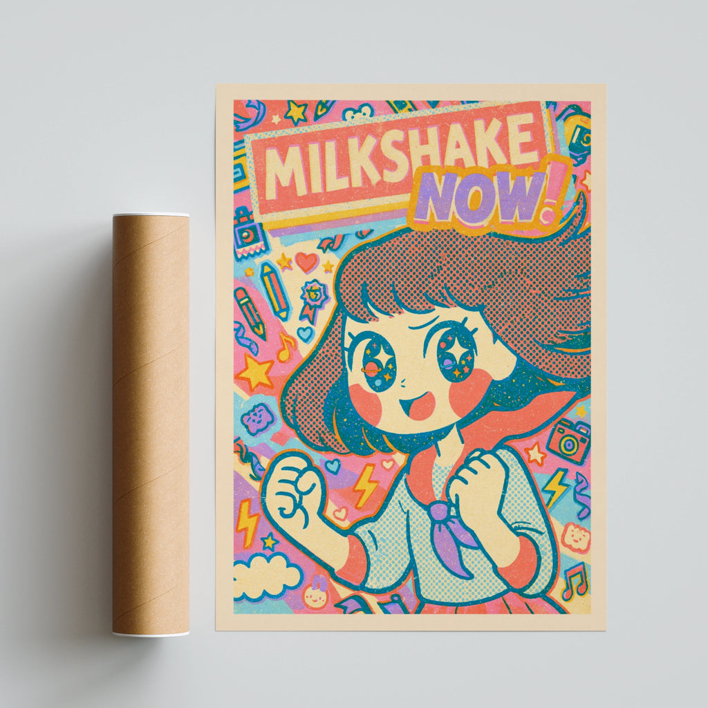 Milkshake Now Retro Kawaii Girl Poster, Cute Anime Print, Teen Bedroom Print