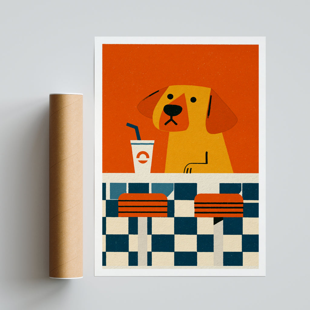 Retro Dog Diner Poster, Vintage Style Dog Wall Art, Funky Orange Animal Print for Kitchen