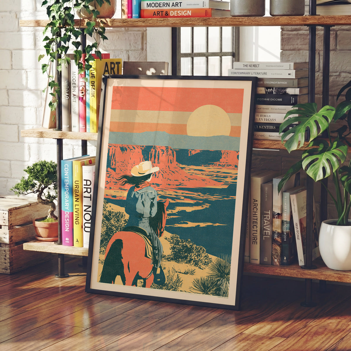 Retro Desert Canyon Sunset Print, Vintage Travel Poster, Cowgirl on Horseback, Southwest Wall Art