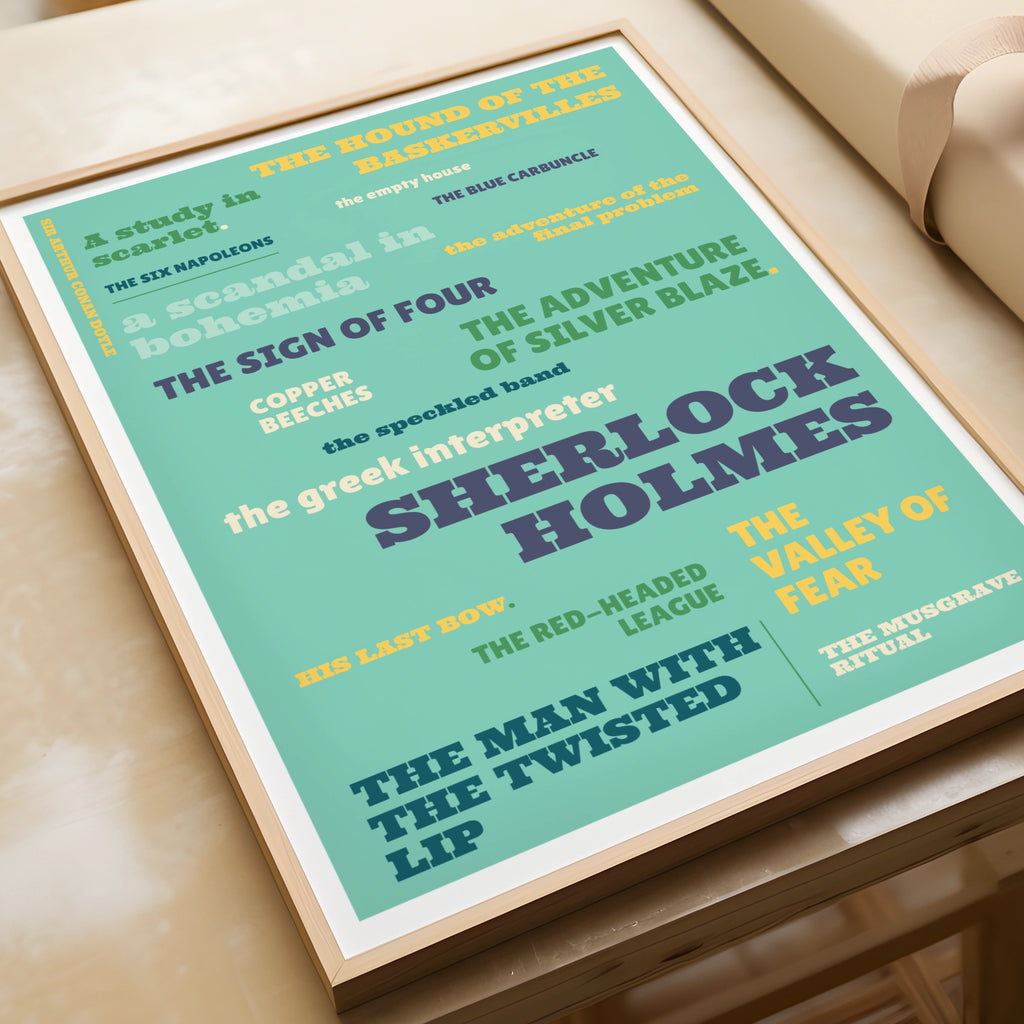 Sherlock Holmes Typography Print, Conan Doyle Literary Poster, Teal Book Lover Wall Art